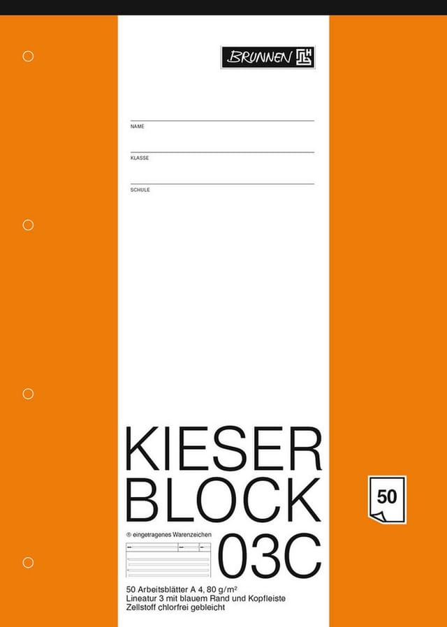 BRUNNEN Collegeblock BRUNNEN KIESER-Block DIN A4 Lineatur 03C 9mm 50 Blatt gelocht