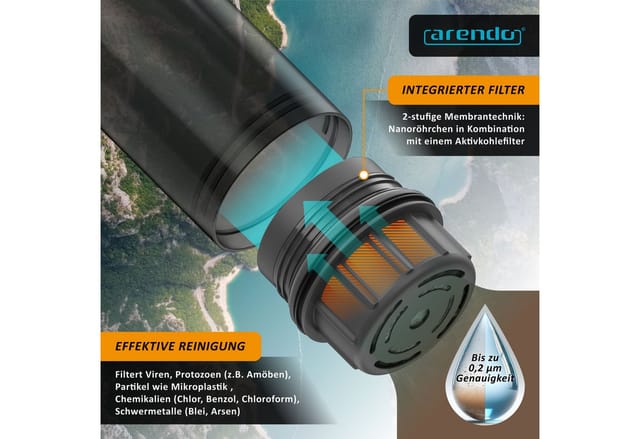 Arendo Trinkflasche Outdoor-Wasserfilterflasche 750 ml, Easy-Press, mit Karabiner, 1500 l, bis 99,99 % Viren/Bakterien, Mikroplastik & viele Chemikalien