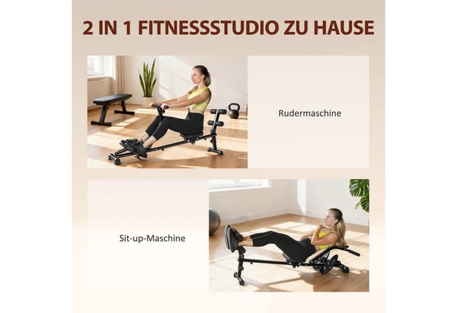 SPORTNOW Rudergerät mit 12 Widerstandsstufen, LCD-Display, Sit-up-Funktion (2 in 1 Rudermaschine, 1-tlg., leises Rudergeräte für Zuhause), Heimrudergerät für Heimfitness