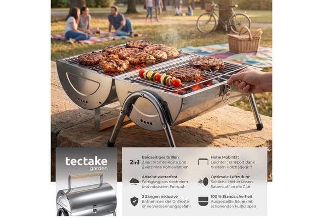 Tectake Edelstahlgrill Mit Doppel Grillfläche und 2 Kohlewannen Breiter Holzgriff Bodenschonende Fußkappen 30 5 x 42 x 44 cm Schwarz