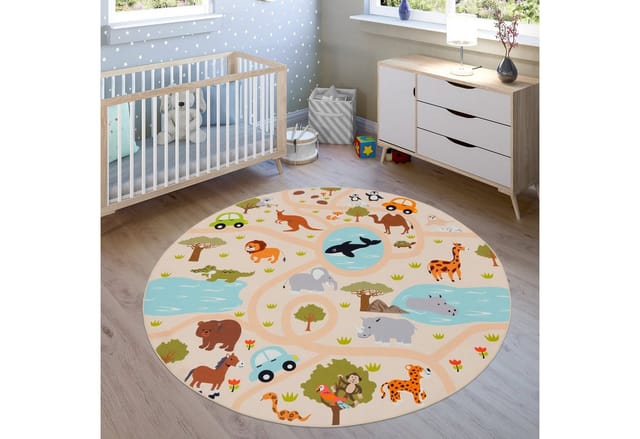 Paco Home Kinderteppich Bino 580, rund, Höhe: 4 mm, Spielteppich, Motiv Straße & Autos, Kinderzimmer