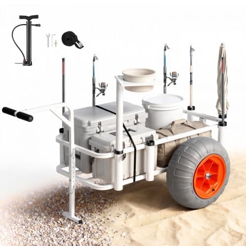 VEVOR Angelwagen Faltbar, 159kg Belastbarer Bollerwagen mit 2 PU-Luftreifen für All-Terrain, Transportwagen mit Alugestell & 8 Rutenhaltern, Multifunktionale Transportkarre für Angeln Camping Strand