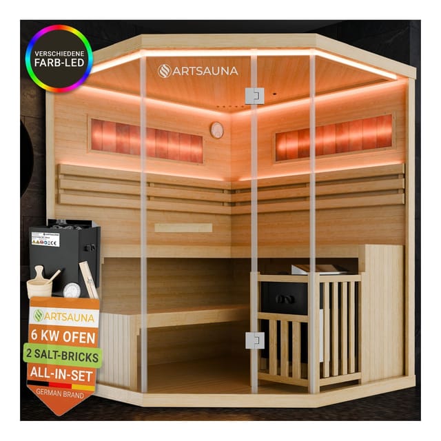ARTSAUNA® Traditionelle Sauna Vantaa natur - moderne Indoorsauna für 3 Personen, Hemlock Holz, Sicherheitsglas, RGB LED Beleuchtung mit Fernbedienung, Saunaofen 6 kW