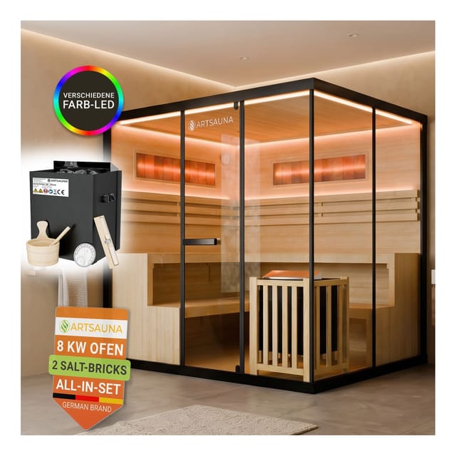 ARTSAUNA® Traditionelle Sauna Vantaa schwarz - moderne Indoorsauna für 6 Personen, Hemlock Holz, Sicherheitsglas, RGB LED Beleuchtung mit Fernbedienung, Saunaofen 8 kW