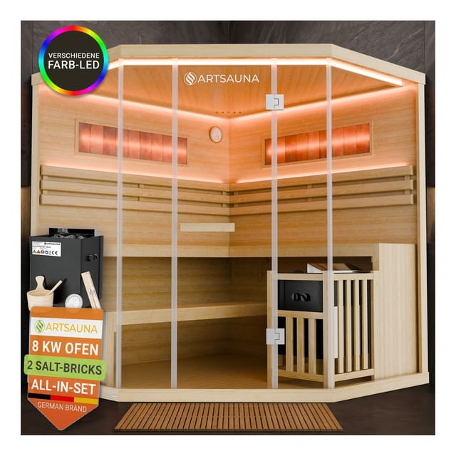 ARTSAUNA® Traditionelle Sauna Vantaa natur - moderne Indoorsauna für 4 Personen, Hemlock Holz, Sicherheitsglas, RGB LED Beleuchtung mit Fernbedienung, Saunaofen 8 kW
