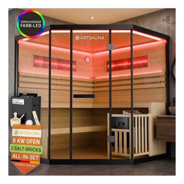 ARTSAUNA® Traditionelle Sauna Vantaa schwarz - moderne Indoorsauna für 4 Personen, Hemlock Holz, Sicherheitsglas, RGB LED Beleuchtung mit Fernbedienung, Saunaofen 8 kW