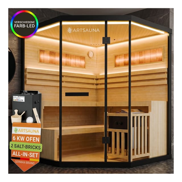 ARTSAUNA® Traditionelle Sauna Vantaa schwarz - moderne Indoorsauna für 3 Personen, Hemlock Holz, Sicherheitsglas, RGB LED Beleuchtung mit Fernbedienung, Saunaofen 6 kW