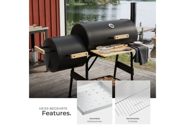 tectake® Holzkohlegrill, 2 in 1, zum Grillen und Räuchern, mit 2 Rädern, mit Thermometer, 110 x 60 x 116 cm