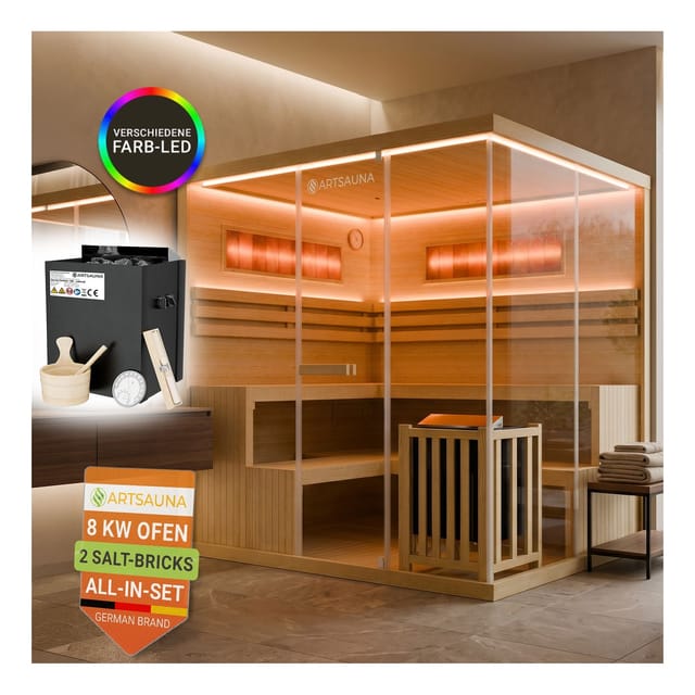 ARTSAUNA® Traditionelle Sauna Vantaa natur - moderne Indoorsauna für 6 Personen, Hemlock Holz, Sicherheitsglas, RGB LED Beleuchtung mit Fernbedienung, Saunaofen 8 kW