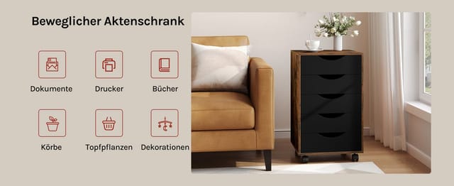 Woltu Rollcontainer, mit 5 Schubladen, Aktenschrank mit Rollen, Bürocontainer