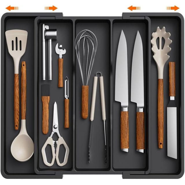 Küchenutensilien-schubladenorganizer, Große Ausziehbare Besteckablage, Verstellbarer Besteckhalter, Kunststoff-spatelteiler, Küchenhelfer Und -geräte, Gra