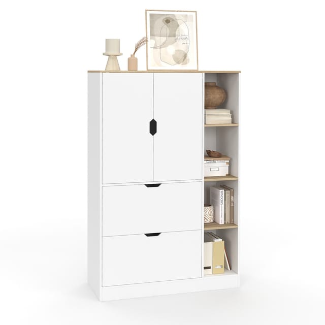 Aufbewahrungsmöbel B. 80 Cm Nouk Für Büro, Schlafzimmer, Flur Mit 3 Türen Und 2 Schubladen Weiß Und Holz