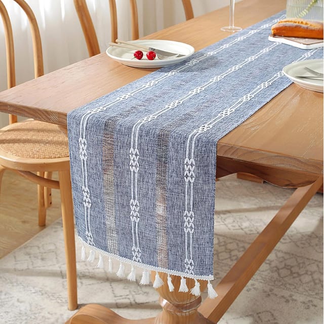 Tischläufer Aus Leinen Mit Handgefertigten Quasten – Waschbare Tischdekoration Für Möbel, Weihnachten, Partys, Küche, Couchtisch, Feiertage, Geburtstage Und Restaurants (210 X 33 Cm, Blau)