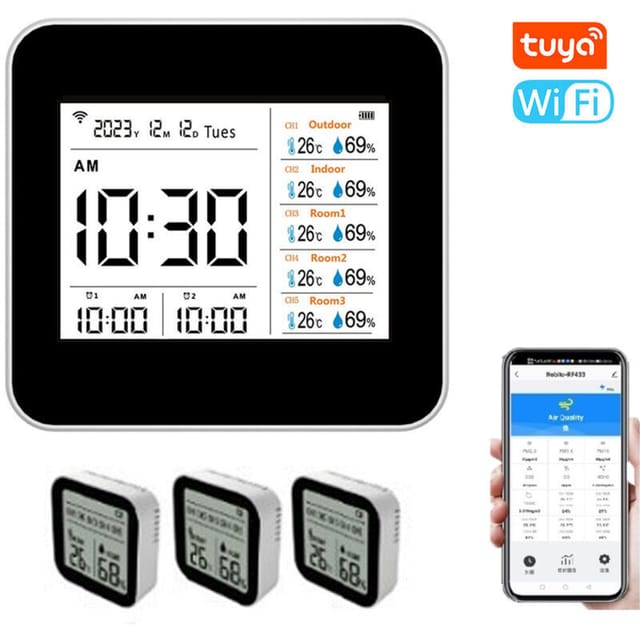 [niemals Verwendet] Tuya 13-in-1 Smart Wifi Thermometer Hygrometer, Präziser Temperatur- Und Feuchtigkeitsmonitor Für Innenräume, Anzeige Von Uhrzeit, Kalender Und Wecker, Unterstützt Fernsteuerung Pe