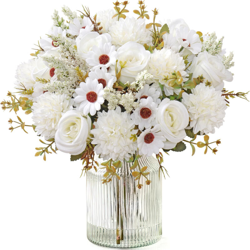 [niemals Verwendet] Set Mit 4 Künstlichen Rosensträußen, 33 Cm, Realistische Seidenrosen, Für Tischdekoration, Küche, Zuhause, Weiß