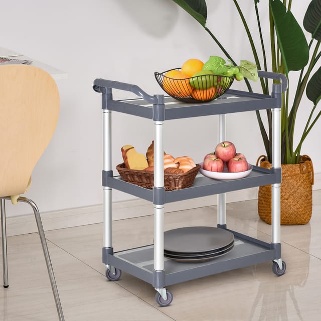 Homcom 3-stöckiger Rollwagen, Aluminiumrahmen, Küchenwagen, 35 Kg Tragkraft Pro Ablage, Für Esszimmer, Wohnzimmer, Badezimmer, 88 X 44 X 93 Cm, Grau