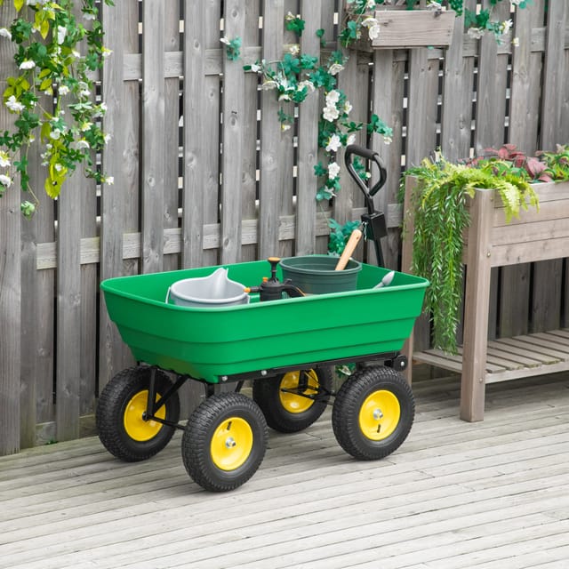 Outsunny Handbetriebener Gartenwagen Mit 75° Kippbarer Ladefläche, 125 L Fassungsvermögen, 200 Kg Max. Traglast, 4 Luftreifen, Stahl, Pp, Gelb/grün