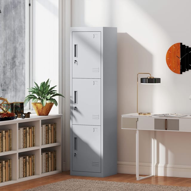 3-türiger Aktenschrank Aus Stahl Mit 3 Ablagen, Abschließbar, Mit Belüftungsschlitzen, Vielseitig Einsetzbar, Für Das Homeoffice, 45 X 38 X 180 Cm, Grau
