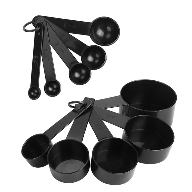 Set Aus 2 Messlöffeln Und -bechern Aus Kunststoff Mit Skala, Schwarzes Küchenaccessoire Zum Selberbacken