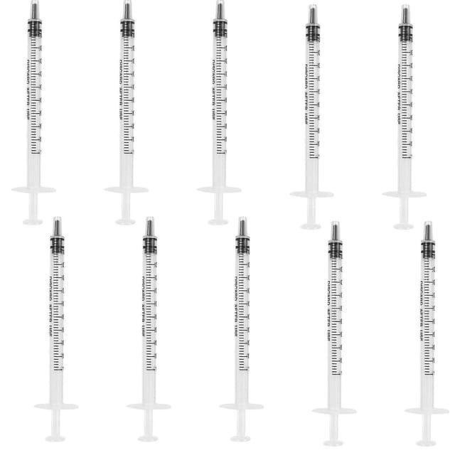 Packung Mit 10 1-ml-kunststoffspritzen, Nadelfreie Dosierspritzen, Wiederverwendbare Sterile 1-ml-spritzen Für Die Wissenschaftliche Kolostrumanwendung.