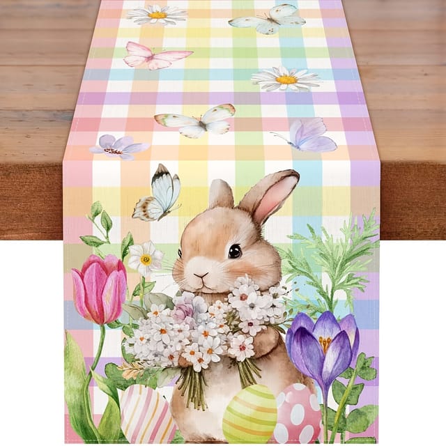 Tischläufer Aus Leinen Für Ostern, Verziert Mit Hasen, Schmetterlingen Und Blumen — Maße: 13 X 48 Zoll