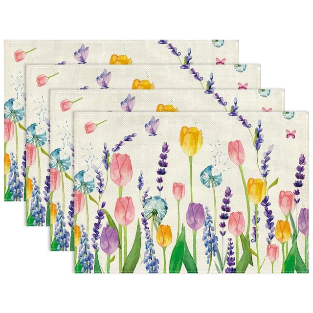 Frühlings-platzsets 30x45cm, Waschbare Platzsets Mit Blumen- Und Schmetterlingsmotiven, Tischläufer Aus Leinen Mit Tulpen- Und Lavendelmuster Für Partys, Ostern (b)