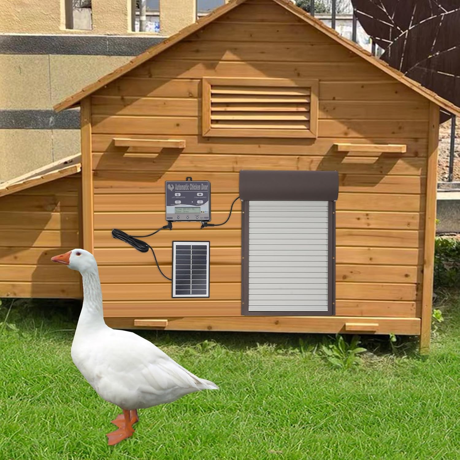 Automatische Hühnerklappe Solar Elektrische Hühnertür Rolltor Mit Lcd Display, Fernbedienung, Solarbetrieb, Lichtsensor, Timer 4 Modi Für Geflügel Braun