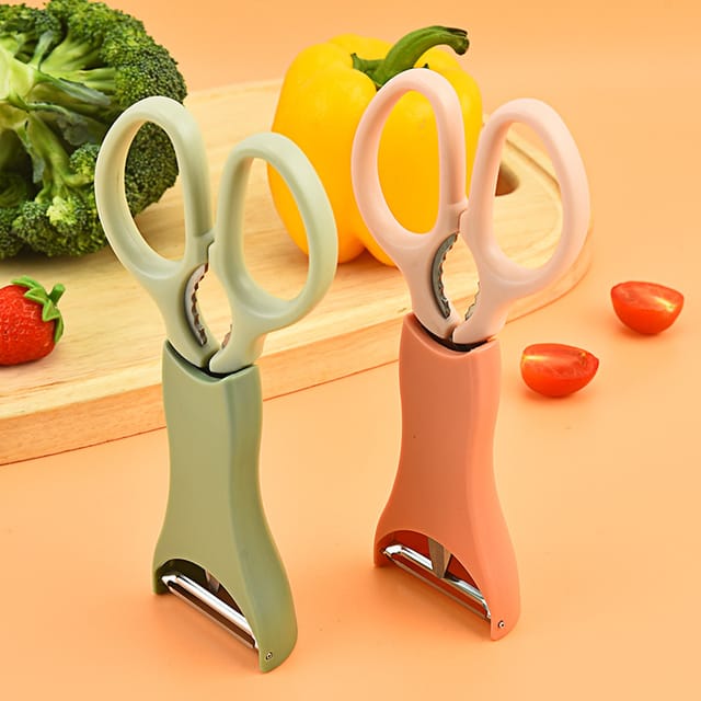 2-teiliges Set – Schere Und Melonenhobel – Zweiteilige Multifunktionale Haushaltsschere Aus Edelstahl – Rosa + Grün