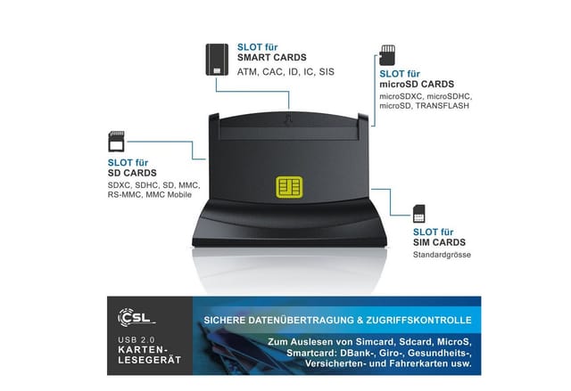 Csl Usb Chipkartenleser - Smartcard Reader - Cardreader - Smart Card Reader - Unterstützt Smart Cards Und Sim Cards, Sdcard, Micro Sd