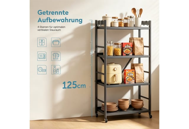 Doporro Küchen Organizer, Küchenregal Stehend, Mikrowellen Regal Mit 4 Ebenen, Klappbares Regal Küche Für Mikrowelle 60 X 41 X 125cm, Schmales Metallregal Aus Verzinktem Stahl Für Küche, Grau Reglo-13