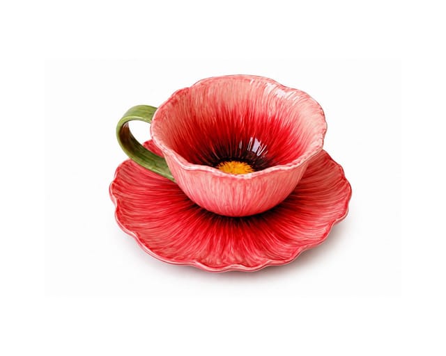 Keramikbecher Mit Blumenförmiger Untertasse, 300 Ml, Dekoriert