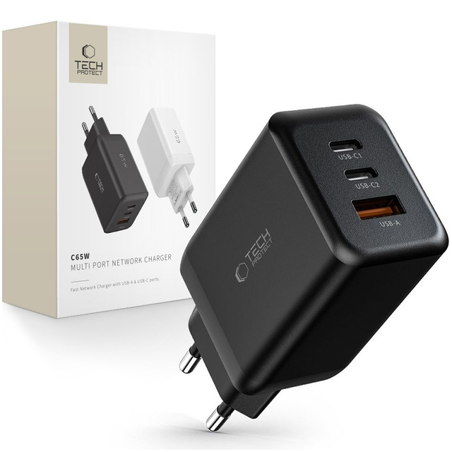 Tech-protect C65w 3-port-netzwerkladegerät Pd65w/qc3.0 Schwarz