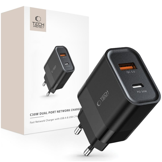 Tech-protect C30w 2-port-netzwerkladegerät Pd30w/qc3.0 Schwarz