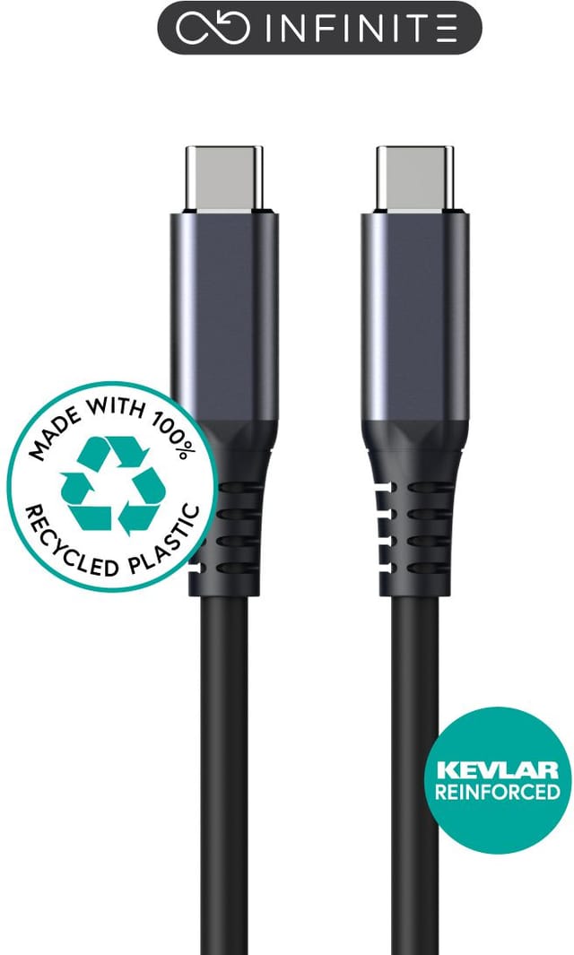 Estuff Infinite Usb-c-kabel 2 M, Usb 4.0 Gen 2 X 2, 100 W, 20 Gbit/s, 8k/60 Hz, Schwarz, Flexibel, Recycelt, Es604275