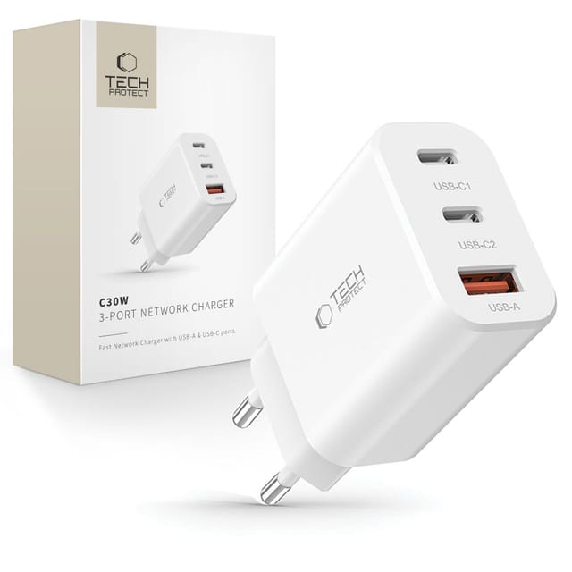 2x Usb-c Pd / Usb-a Qc 30w Wandladegerät – Weiß