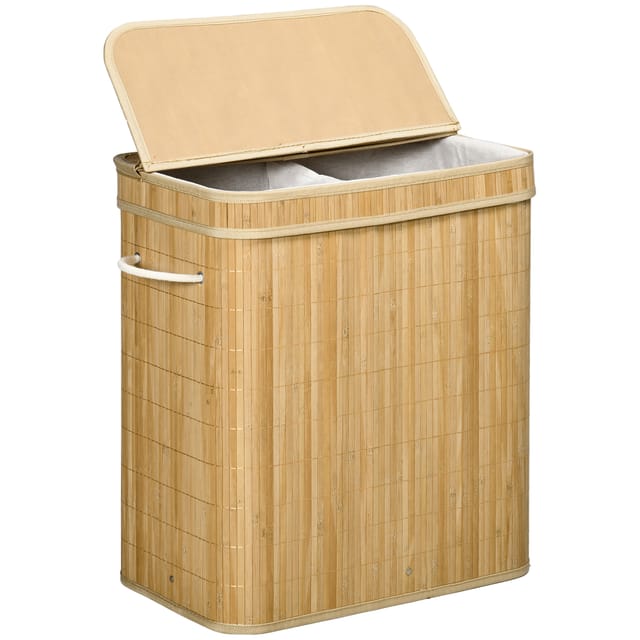 Wäschekorb Aus Bambus Mit Deckel Und Griffen, 90 Liter Fassungsvermögen, Mit 2 Fächern Und Herausnehmbarem Stoffbeutel – 54,2 X 35,2 X 59,5 Cm