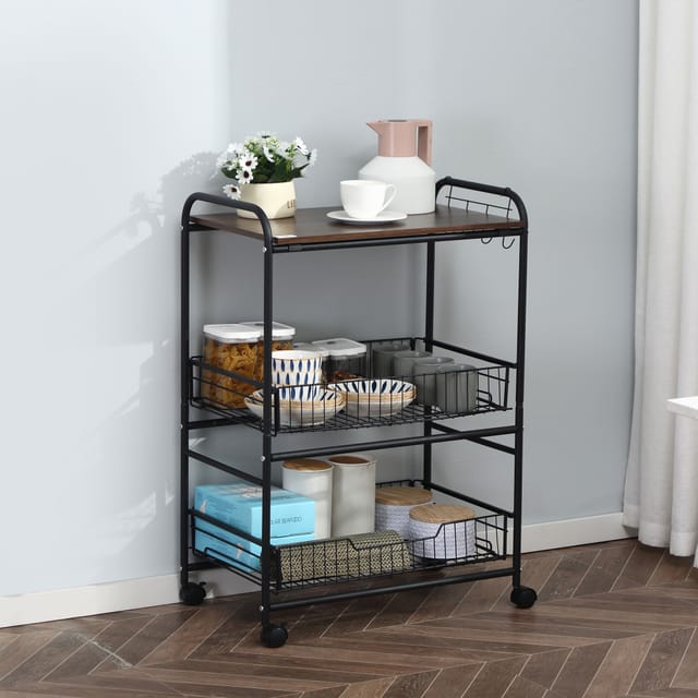 Küchenwagen Im Industriestil Mit 4 Rollen, 2 Körben Und 4 Haken, 60 X 38 X 85,5 Cm, Braun/schwarz