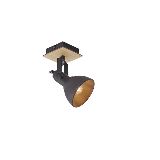 Qazqa Industrieller Strahler Schwarz Mit Holz Dreh- Und Neigbar -