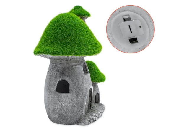 Led Pilz Haus Aus Ton Mit Dach Aus Kunstrasen - 19 Cm - Deko Feenhaus Warm Weiß Beleuchtet Batterie Betrieben