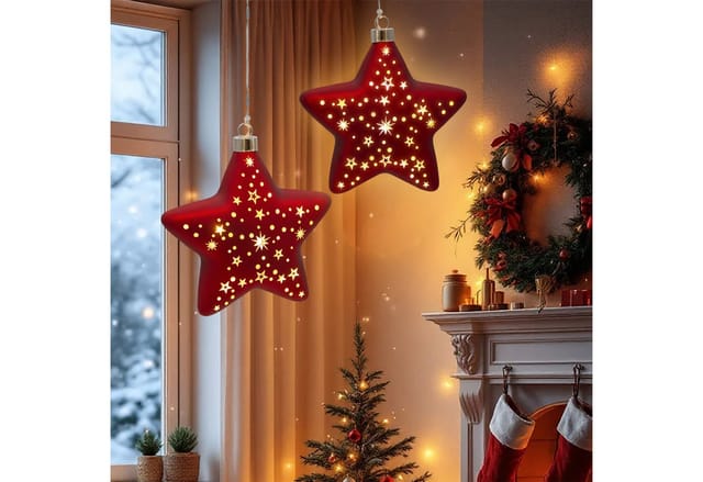 Glas Weihnachtsstern Rot Zum Hängen Mit 10 Led Beleuchtet - 15 Cm - Deko Stern Leuchte Warm Weiß Batterie Betrieben