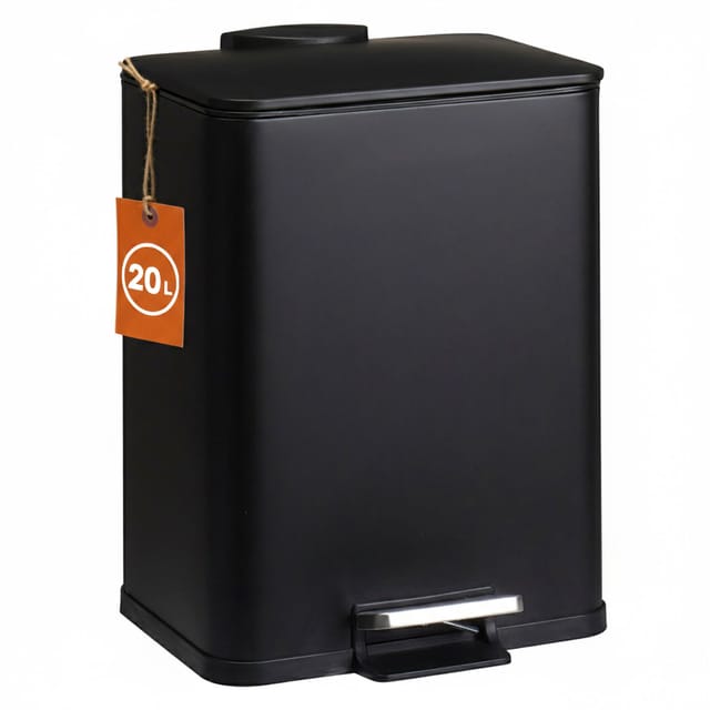 Edelstahl Tretmülleimer Eckig Schwarz Matt 44 X 33 Cm Mit Deckel - 20 L - Metall Mülleimer Mit Fußpedal Und Entnehmbarem Inneneimer
