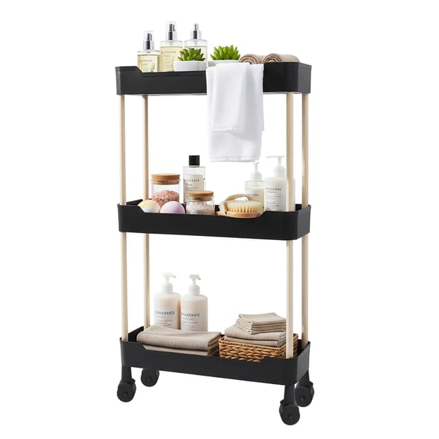 Kunststoff Rollwagen Mit 3 Ebenen 70 X 40 Cm - Schwarz - Küchenregal Mit Holzgestell Auf 4 Rollen - Nischenregal Allzweckwagen