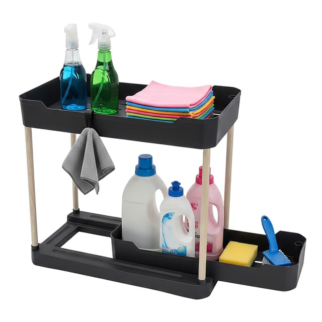 Spülschrank Regal 2 Ebenen 40 Cm X 35 Cm Ausziehbar - Schwarz - Küchen Unterschrank Organizer Mit Korb Ablage Schublade