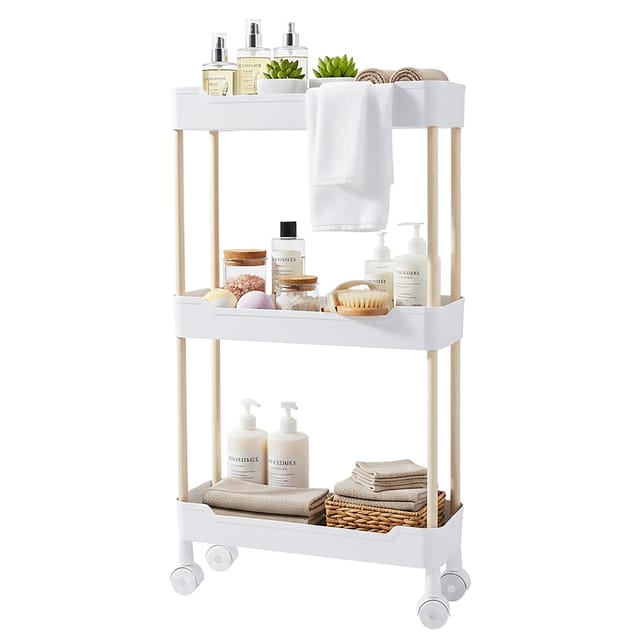 Kunststoff Rollwagen Mit 3 Ebenen 70 X 40 Cm - Weiß - Küchenregal Mit Holzgestell Auf 4 Rollen - Nischenregal Allzweckwagen