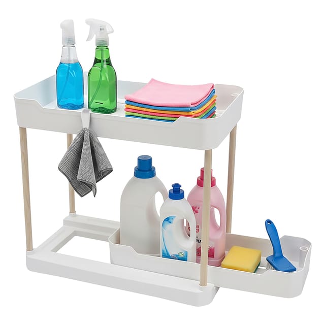 Spülschrank Regal 2 Ebenen 40 Cm X 35 Cm Ausziehbar - Weiß - Küchen Unterschrank Organizer Mit Korb Ablage Schublade