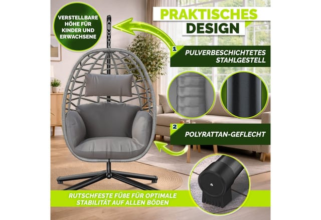 Tillvex® Hängesessel Mit Gestell Outdoor & Wetterfester Abdeckung Inkl. Befestigung Hängekorb Klappbar Bis 150 Kg Hängesitz Aus Rattan Hängestuhl Für Indoor Garten Balkon Terrasse
