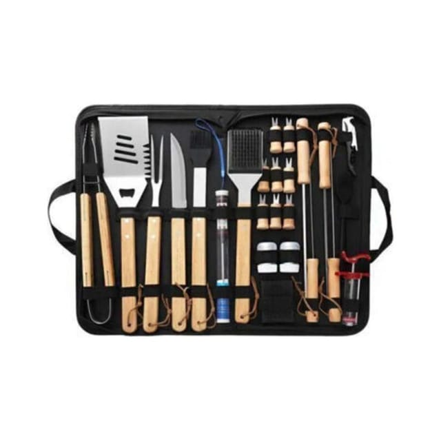 25-teiliges Grillset Aus Edelstahl – Professionelles Zubehör – Robuster Tragekoffer – Braun