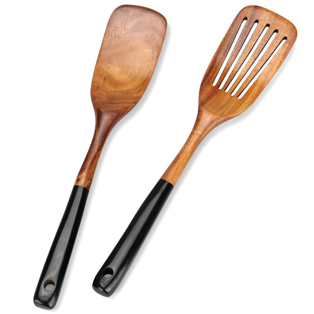 Set Aus 2 Holzspateln, Ungiftige Teakholz-küchenutensilien, Geriffelter Crêpe-spatel, Flacher Holzspatel, Küchenhelfer-set, Raclette
