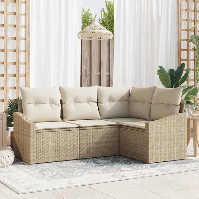 Gartensofa-set Mit Kissen 4 Pcs Beige Und Weiß Poly-rattan