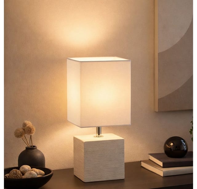 Led Tischleuchte Schlafzimmer Stoffschirm Nachttischleuchte Keramik Modern Tischlampe Textil, Weiß Beige, 1x 4w 320lm Warmweiß, Lxbxh 13x11x29 Cm, 2er Set